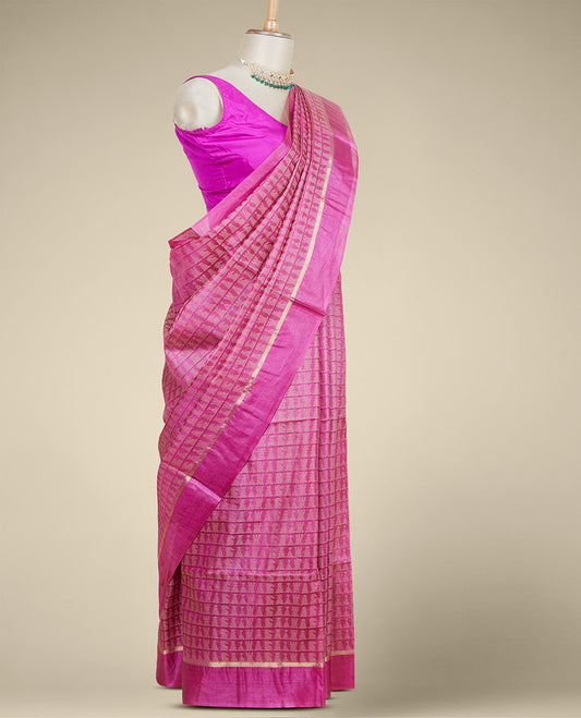 Pink tusser silk saree with unique designs, self-border of stripes