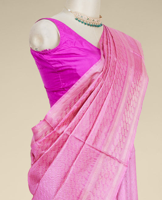 Pink leaf designs tusser silk saree, zari border of leaf designs