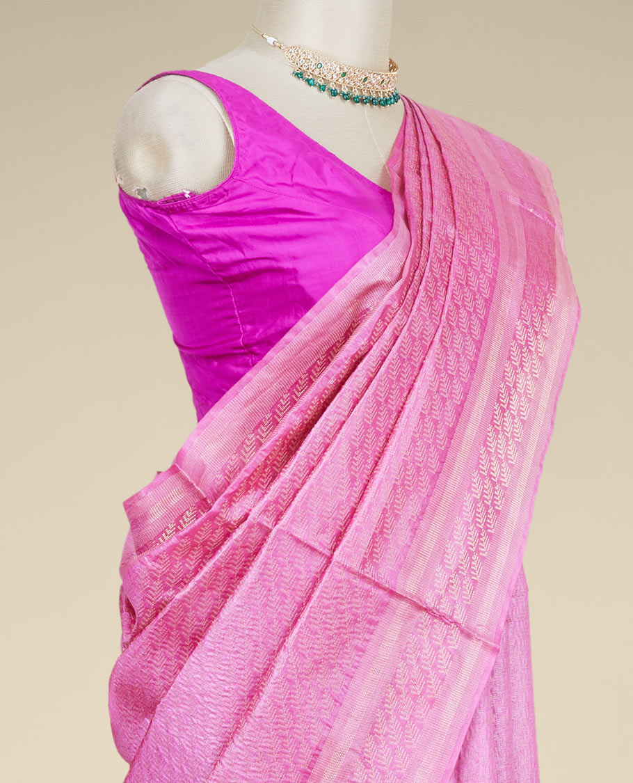 Pink leaf designs tusser silk saree, zari border of leaf designs