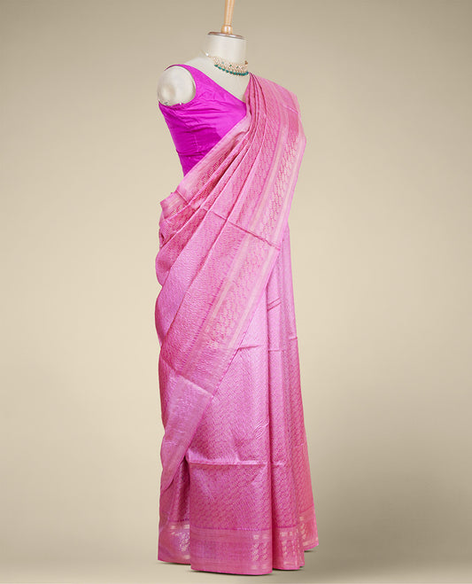 Pink leaf designs tusser silk saree, zari border of leaf designs