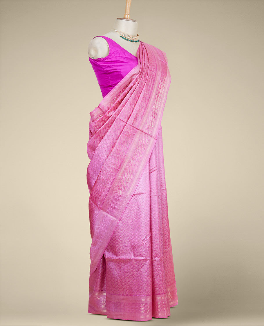 Pink leaf designs tusser silk saree, zari border of leaf designs