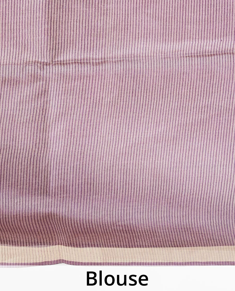 Purple unique motifs enclosed checked tusser silk saree, thin zari border