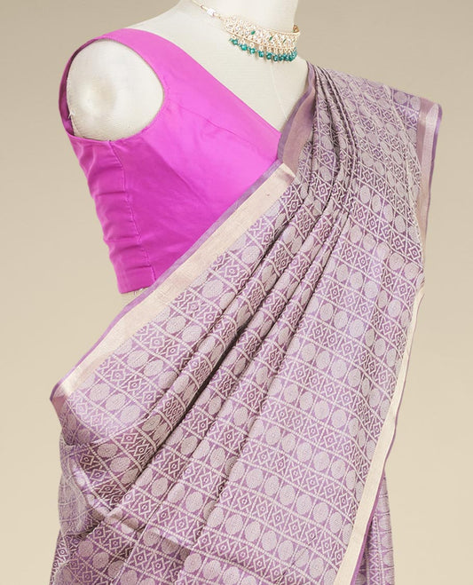Purple unique motifs enclosed checked tusser silk saree, thin zari border