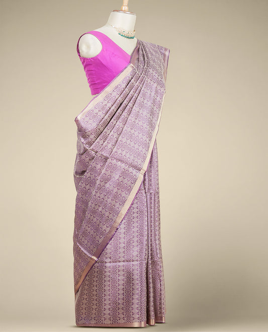 Purple unique motifs enclosed checked tusser silk saree, thin zari border