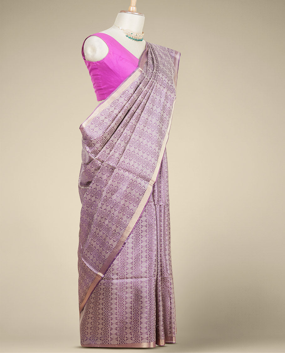 Purple unique motifs enclosed checked tusser silk saree, thin zari border