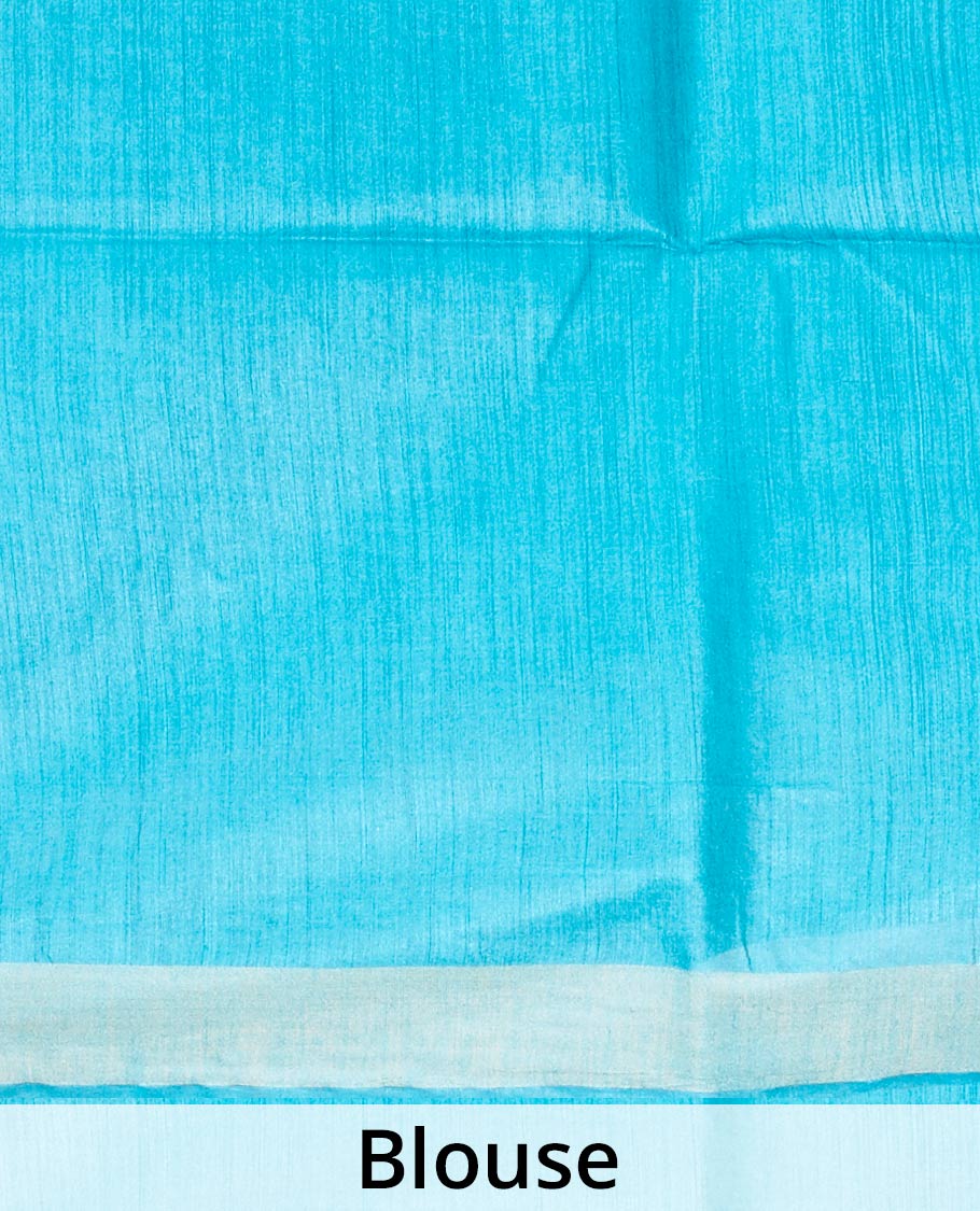 Blue intricate motifs designed tusser silk saree, plain border
