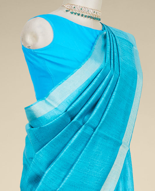 Blue intricate motifs designed tusser silk saree, plain border