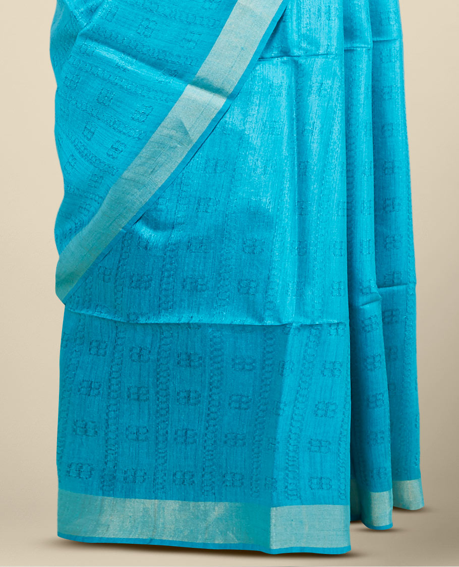 Blue intricate motifs designed tusser silk saree, plain border