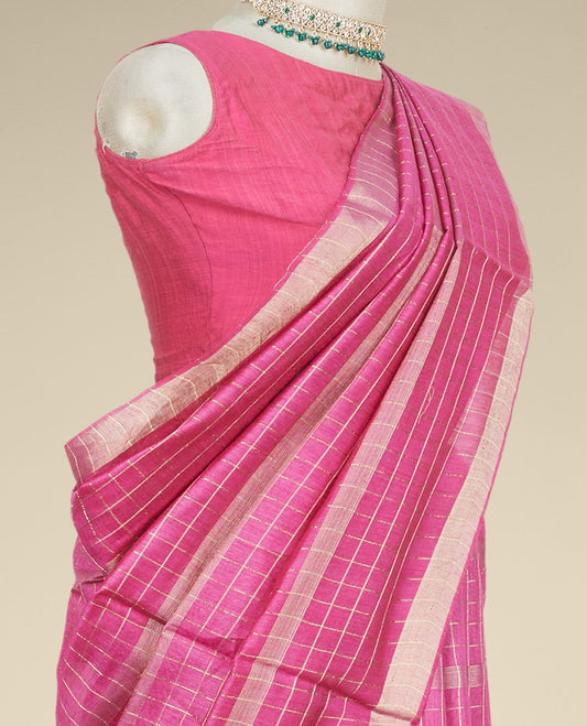 Pink checked design tusser silk saree, striped self-border