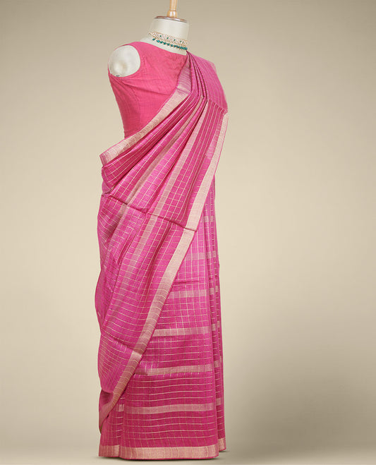 Pink checked design tusser silk saree, striped self-border