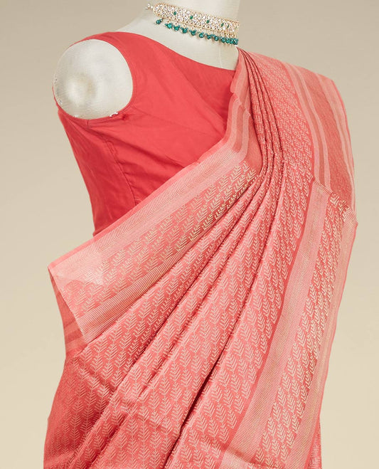 Red leaf designs tusser silk saree, zari border of leaf designs