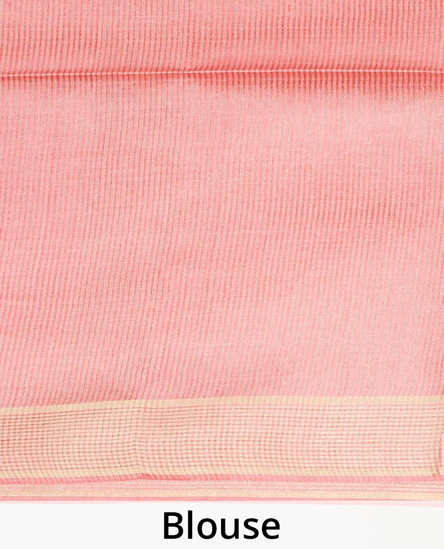 Pink intricately designed tusser silk saree, striped border