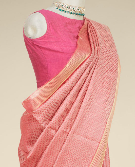 Pink intricately designed tusser silk saree, striped border