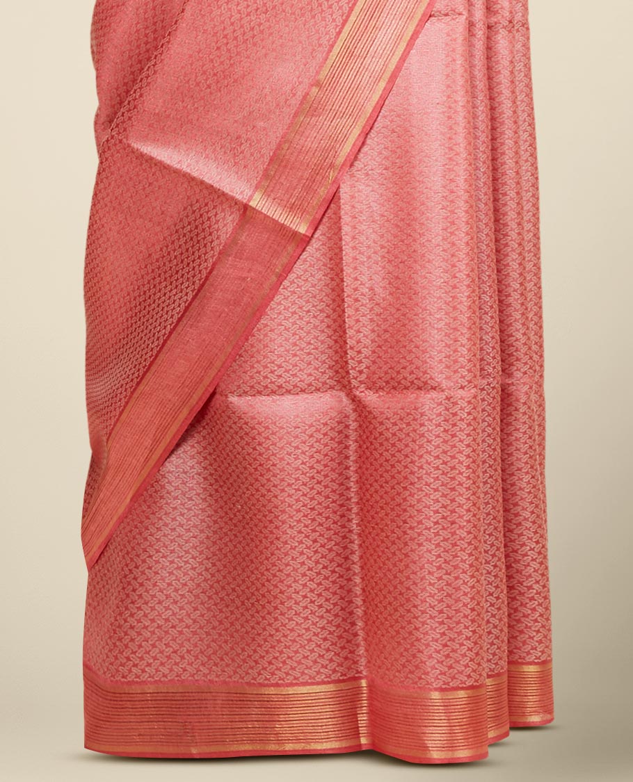 Pink intricately designed tusser silk saree, striped border