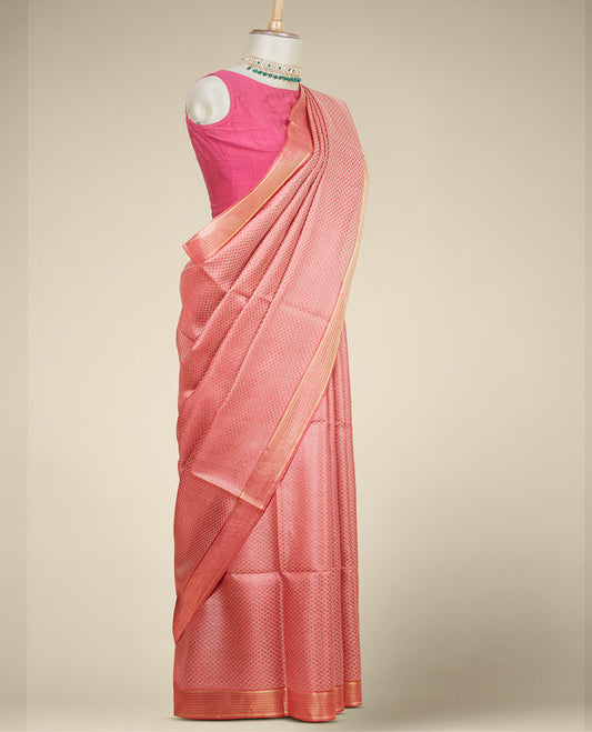 Pink intricately designed tusser silk saree, striped border