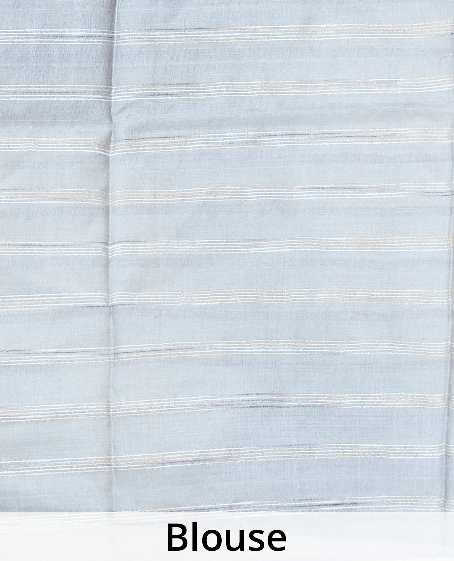 Borderless grey tusser silk saree steeped with stripes & micro-sized triangle motifs