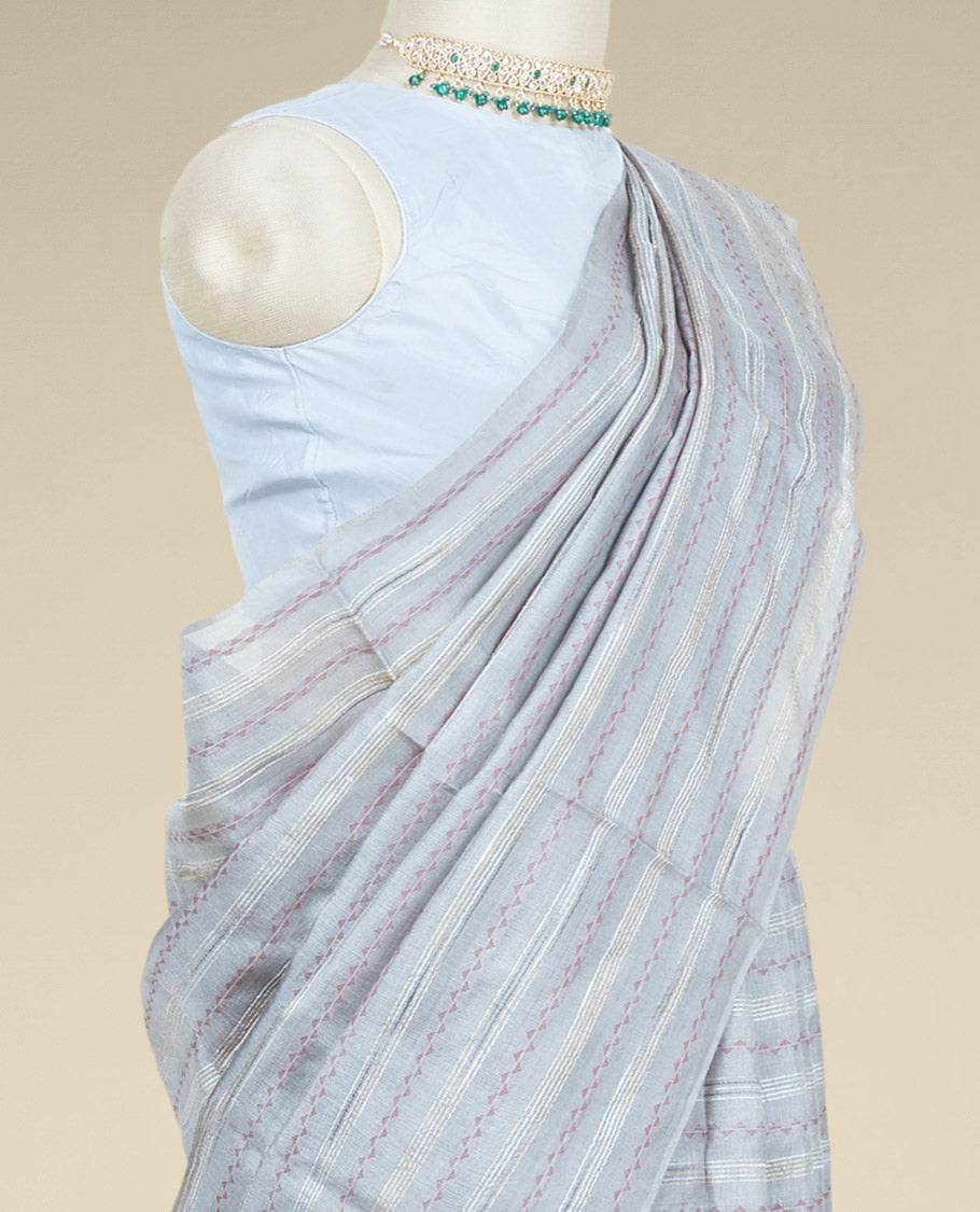 Borderless grey tusser silk saree steeped with stripes & micro-sized triangle motifs