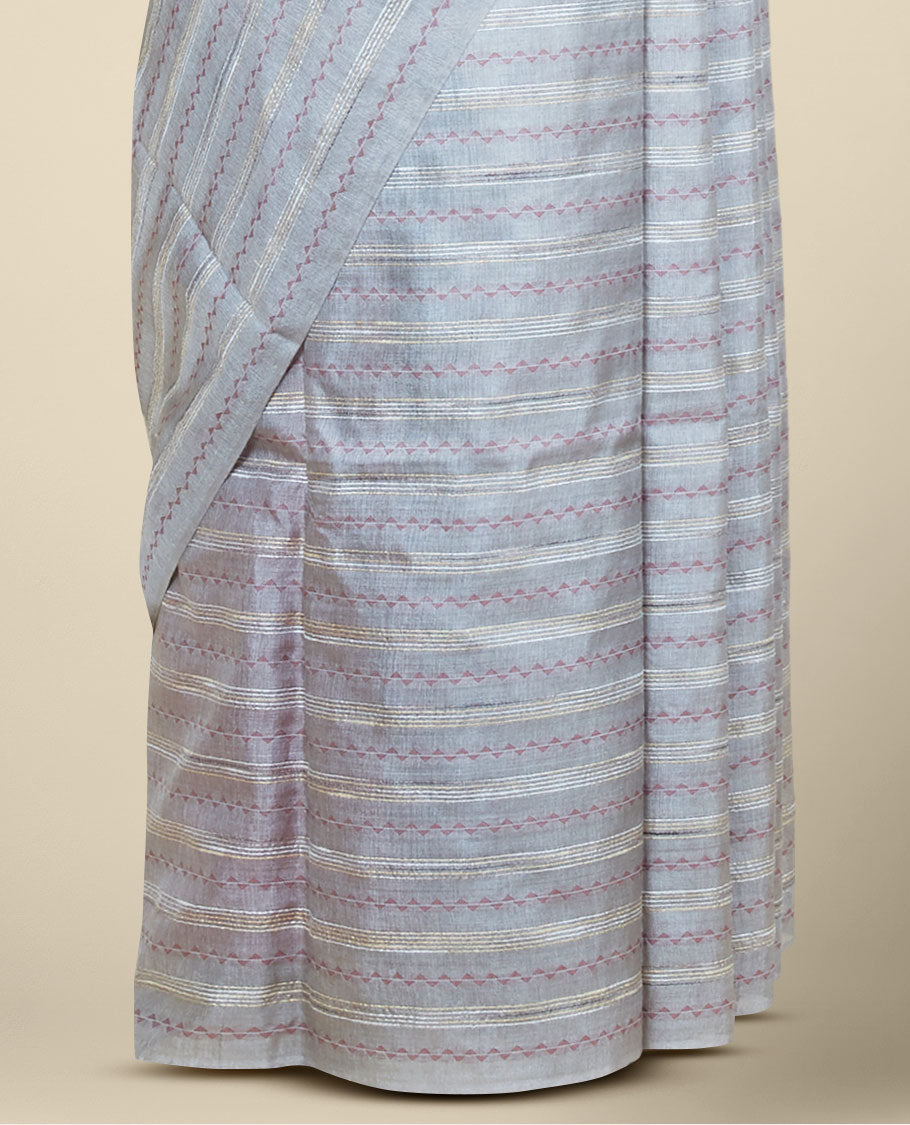 Borderless grey tusser silk saree steeped with stripes & micro-sized triangle motifs