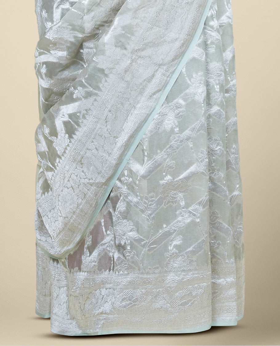 Green floral jacquard banaras georgette saree, self-border of floral & traditional designs