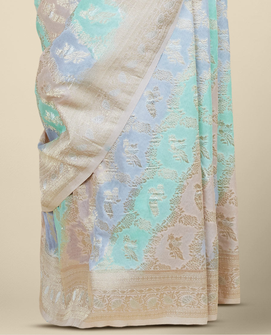 Multi-color banaras-style rangkat floral jacquard fancy crepe saree, contrast border of traditional designs