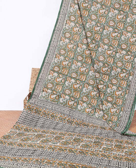 Green floral printed mul-mul cotton saree, self-border & pallu of intricate print