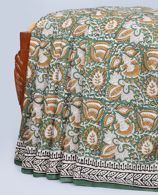 Green floral printed mul-mul cotton saree, self-border & pallu of intricate print