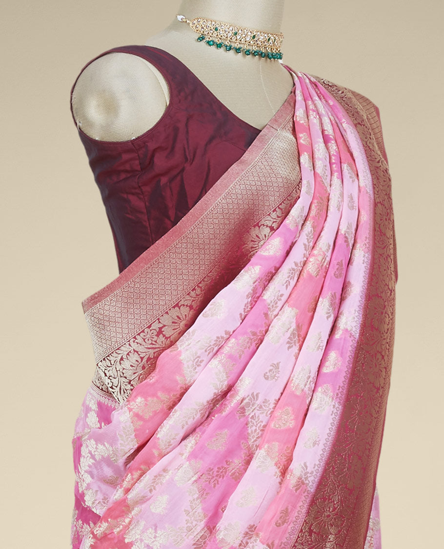 Multi-color banaras-style rangkat jacquard fancy crepe saree, contrast floral creeper border