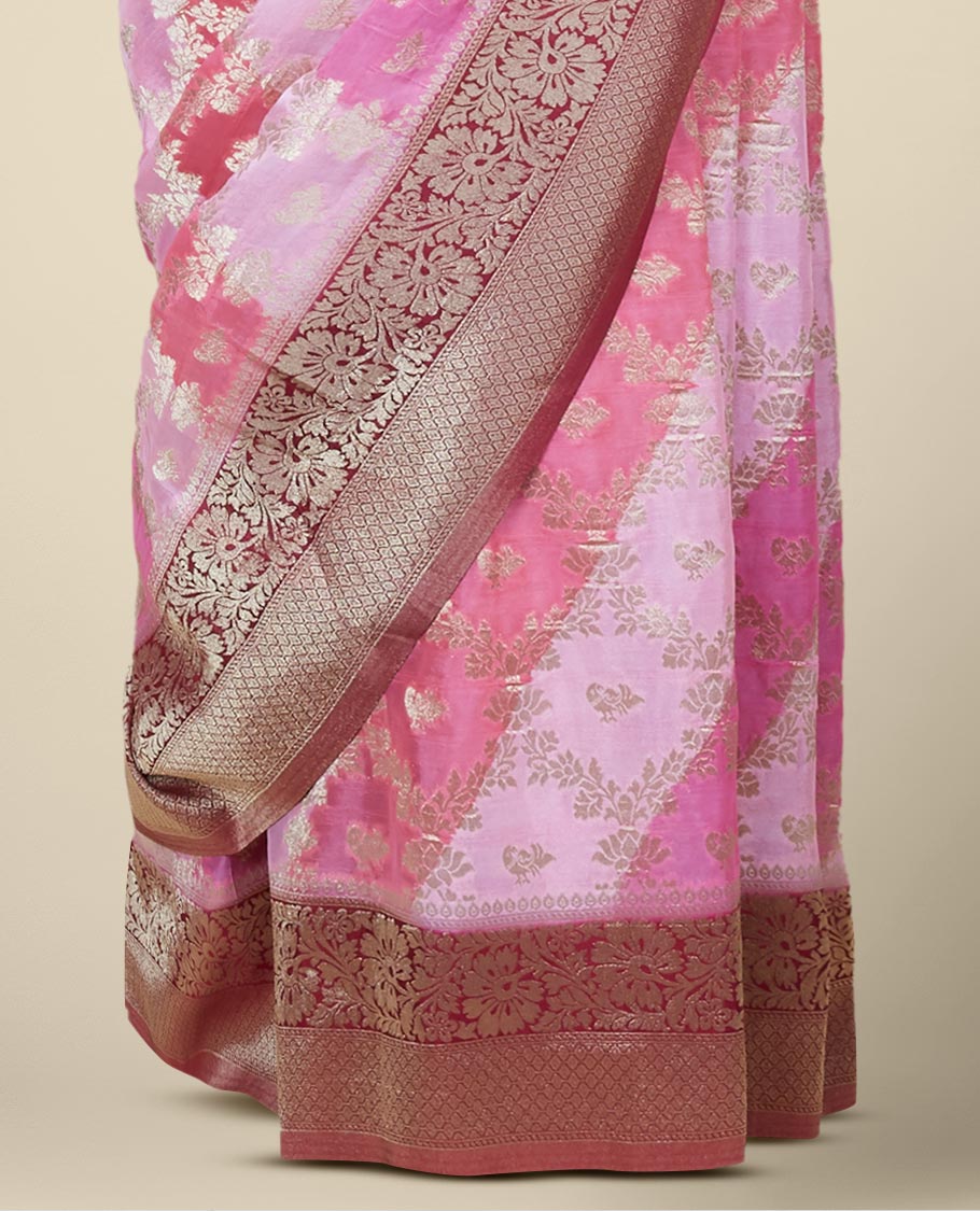 Multi-color banaras-style rangkat jacquard fancy crepe saree, contrast floral creeper border