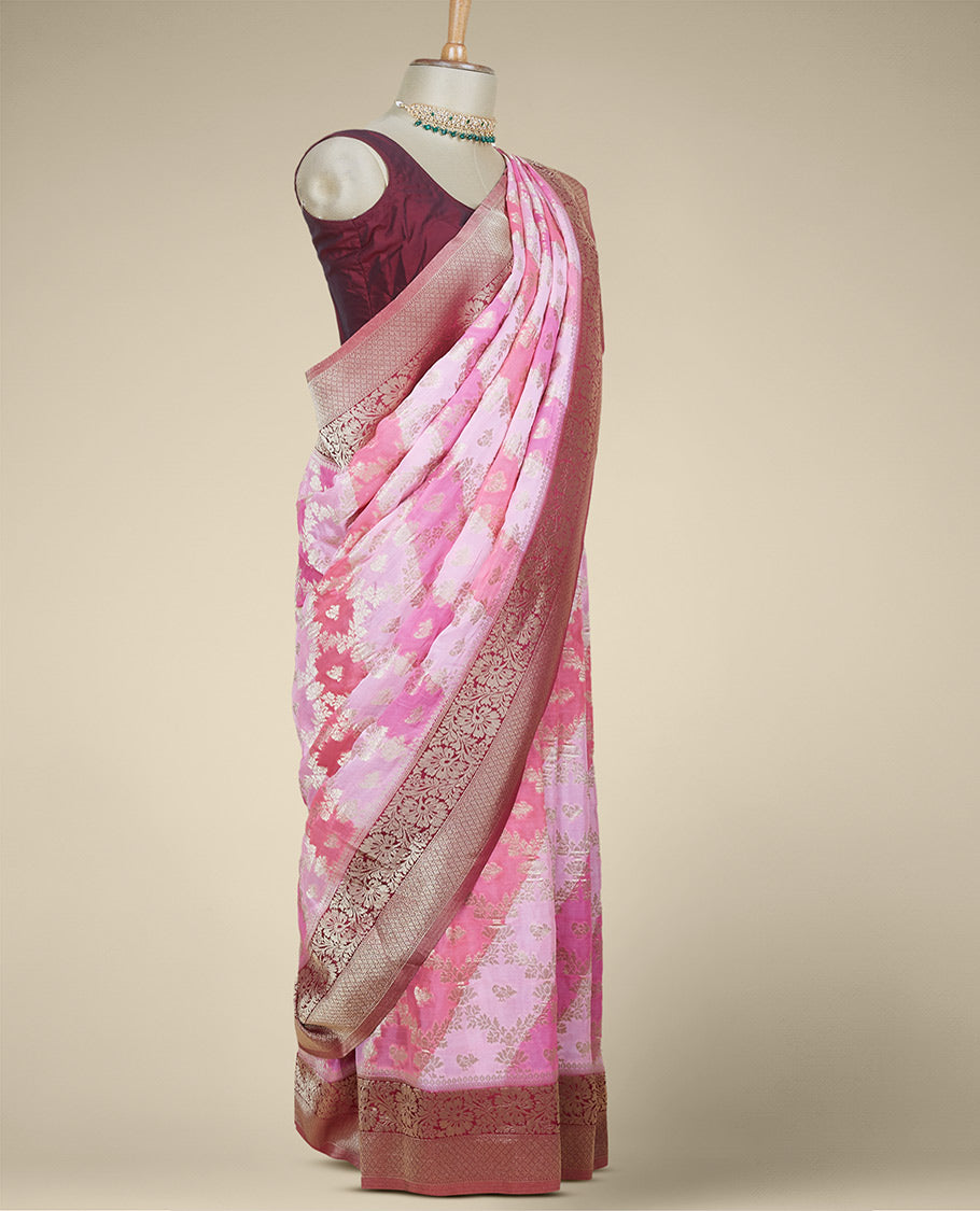 Multi-color banaras-style rangkat jacquard fancy crepe saree, contrast floral creeper border