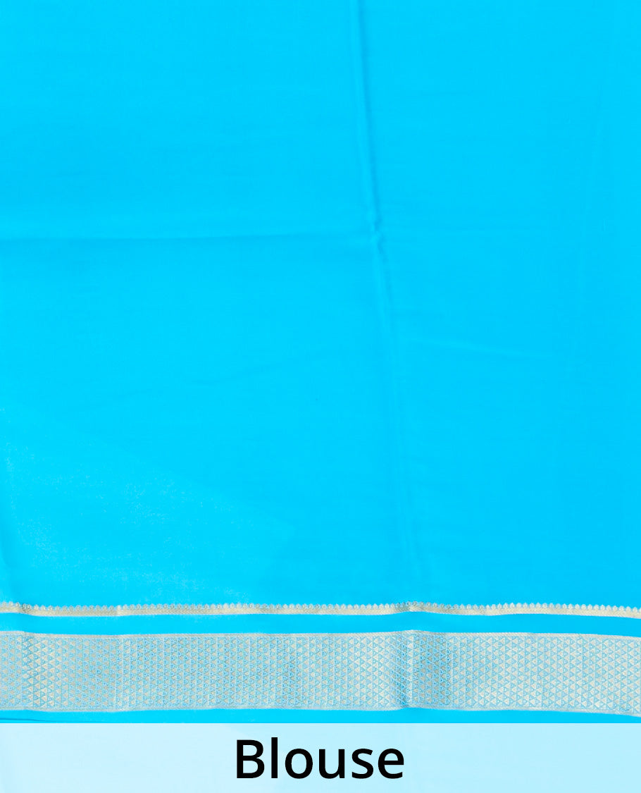 Pink printed mysore silk saree features peacock, floral & pichwai cow motifs, contrast zari border