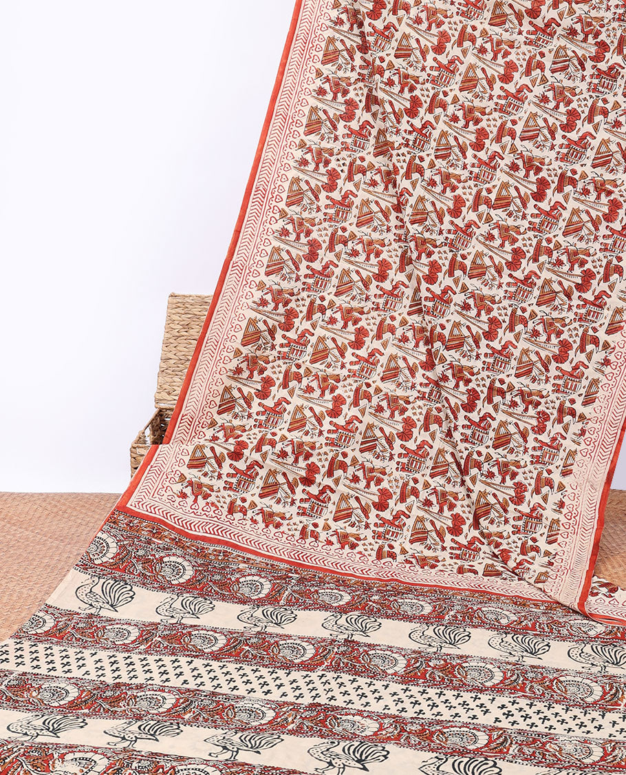 Off-white flora & fauna printed mul-mul cotton saree, geometric border & pallu of intricate print