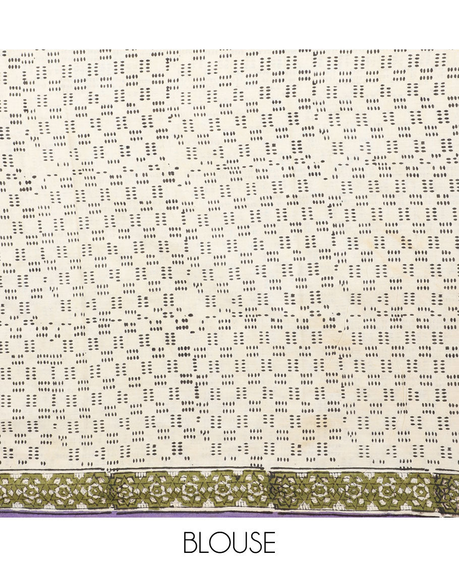 Lavender floral printed mul-mul cotton saree, self-border & pallu of geometric & floral print