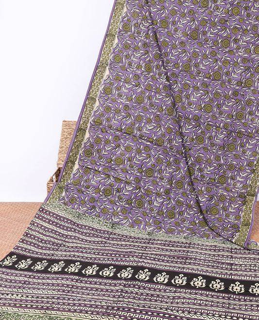 Lavender floral printed mul-mul cotton saree, self-border & pallu of geometric & floral print