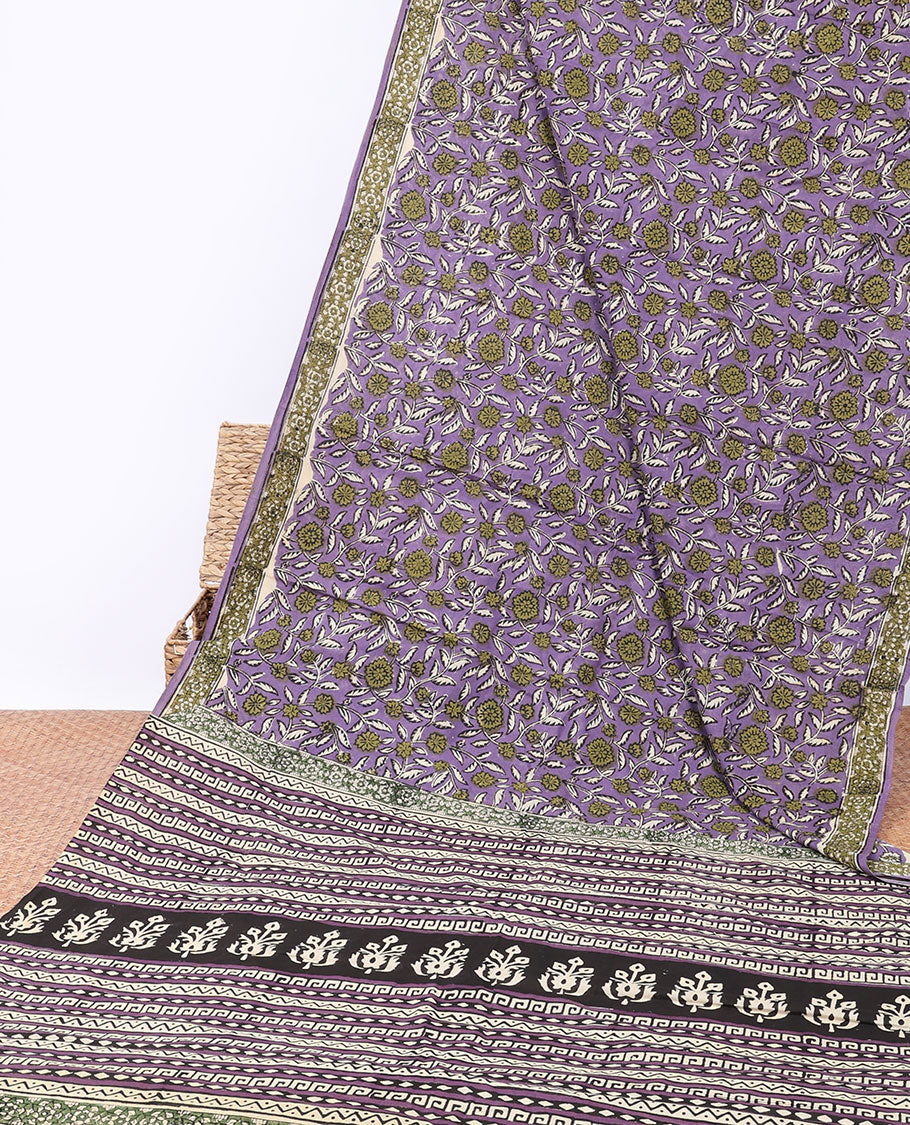 Lavender floral printed mul-mul cotton saree, self-border & pallu of geometric & floral print
