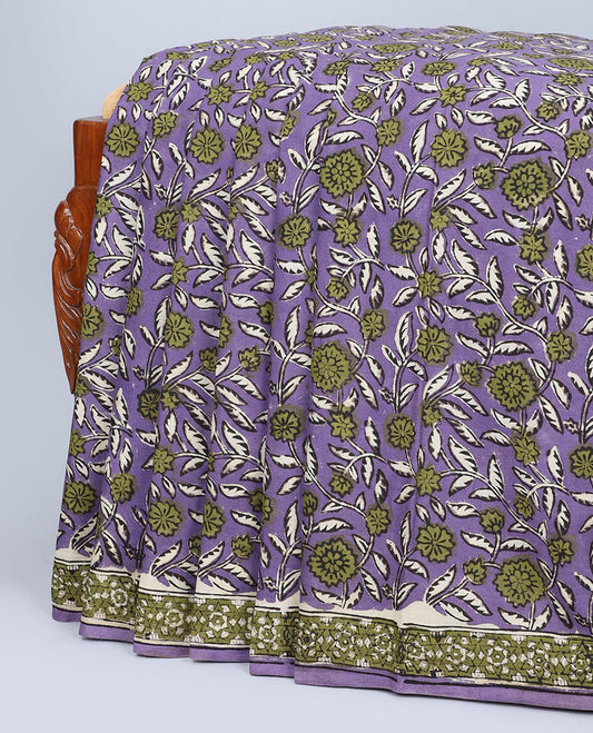 Lavender floral printed mul-mul cotton saree, self-border & pallu of geometric & floral print
