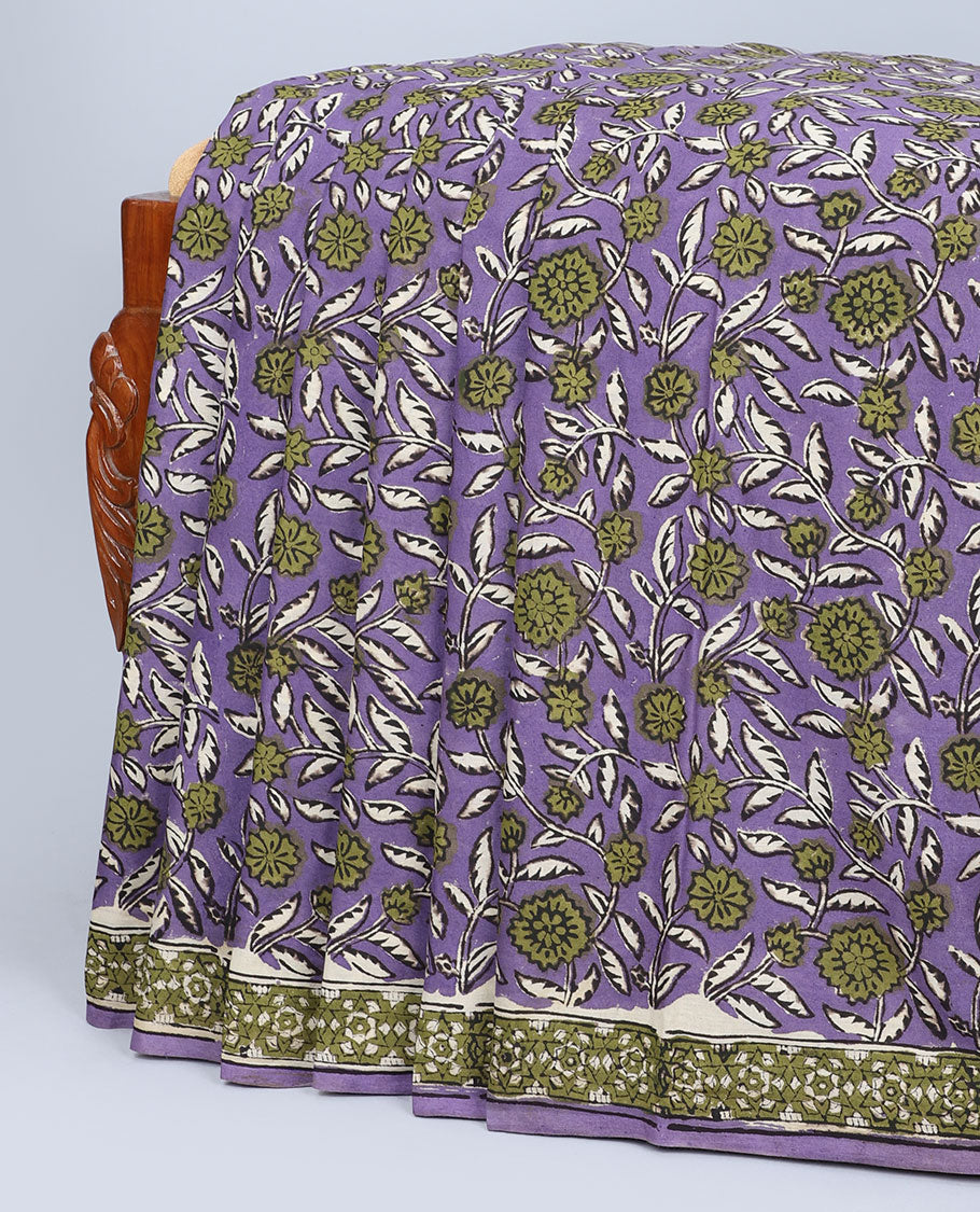 Lavender floral printed mul-mul cotton saree, self-border & pallu of geometric & floral print