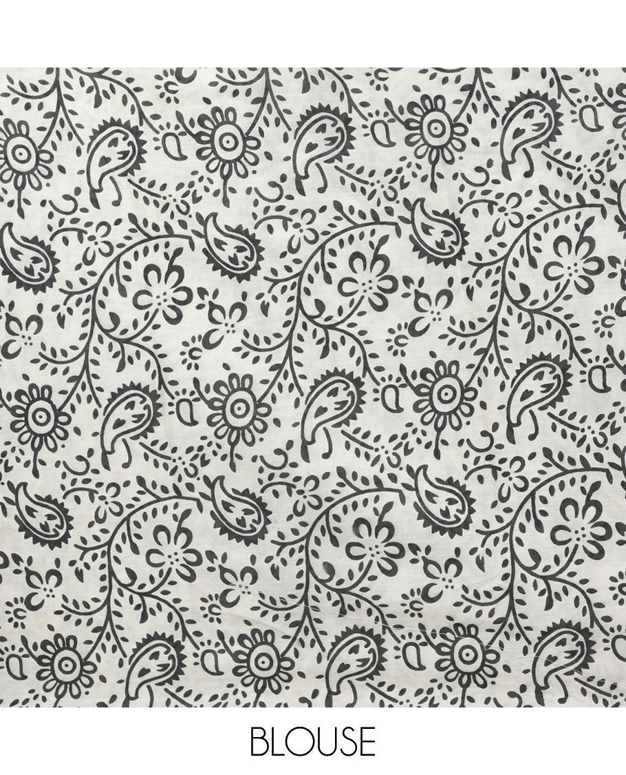 Off-white floral vine & animal motifs printed mul-mul cotton saree, self-border & pallu of paisley print