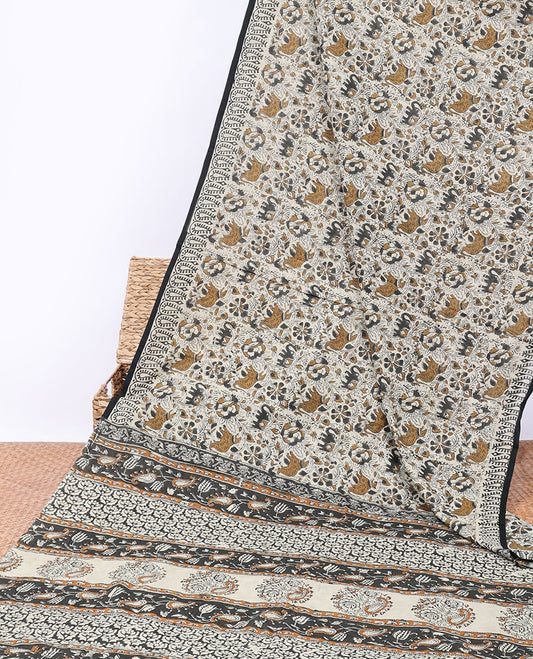 Off-white floral vine & animal motifs printed mul-mul cotton saree, self-border & pallu of paisley print