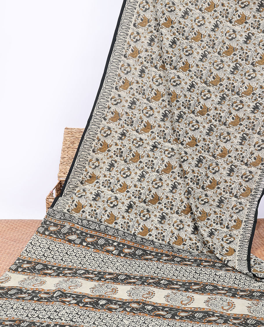 Off-white floral vine & animal motifs printed mul-mul cotton saree, self-border & pallu of paisley print