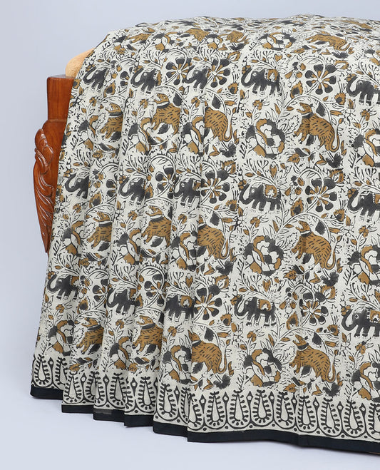 Off-white floral vine & animal motifs printed mul-mul cotton saree, self-border & pallu of paisley print