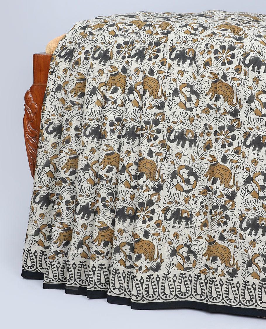Off-white floral vine & animal motifs printed mul-mul cotton saree, self-border & pallu of paisley print
