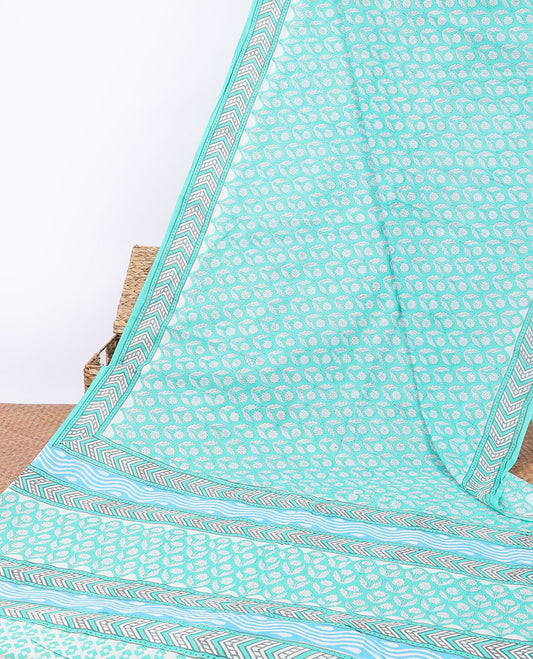 Blue floral motifs printed mul-mul cotton saree, chevron printed border & pallu of floral & geometric print