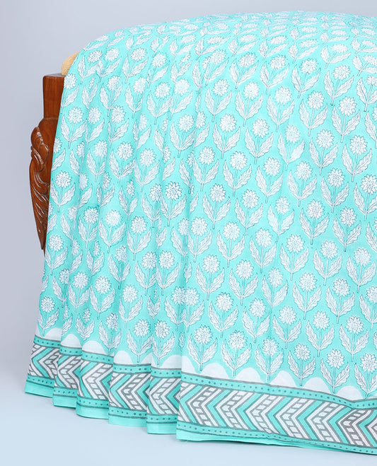 Blue floral motifs printed mul-mul cotton saree, chevron printed border & pallu of floral & geometric print