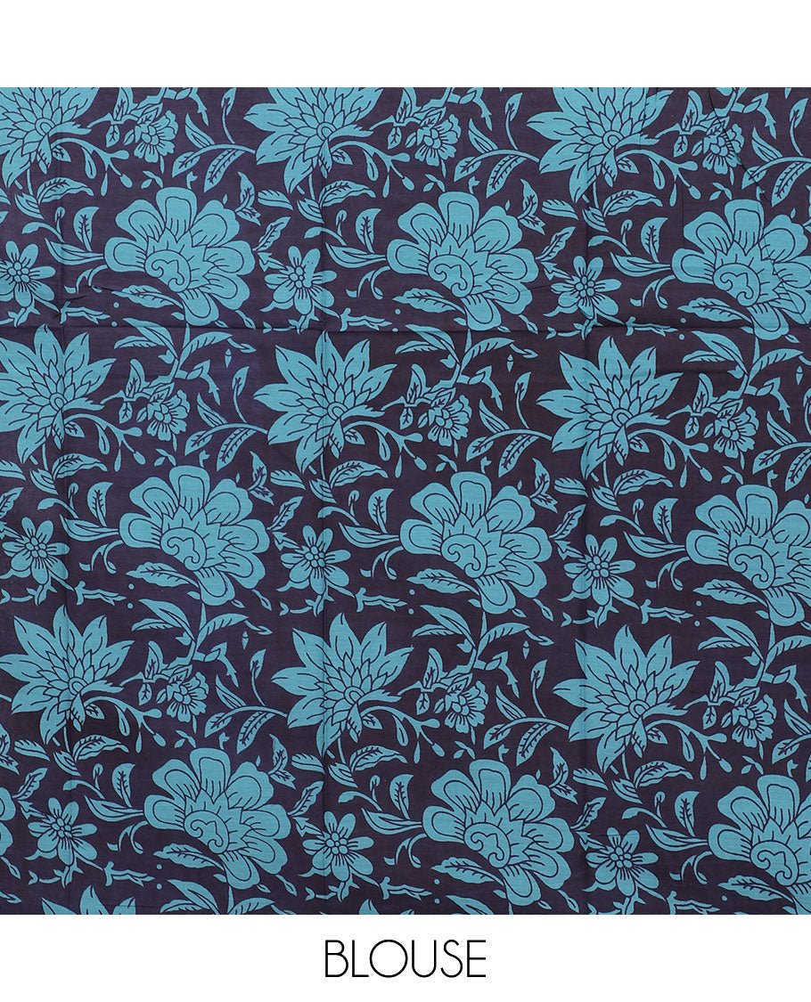 Blue scallop printed mul-mul cotton saree, contrast chevron printed border & pallu of intricate print 