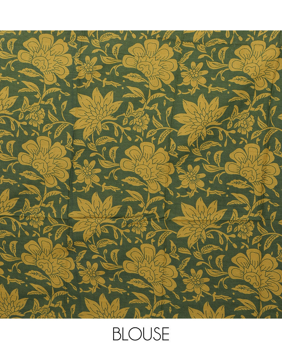 Mustard scallop printed mul-mul cotton saree, contrast chevron printed border & pallu of intricate print 