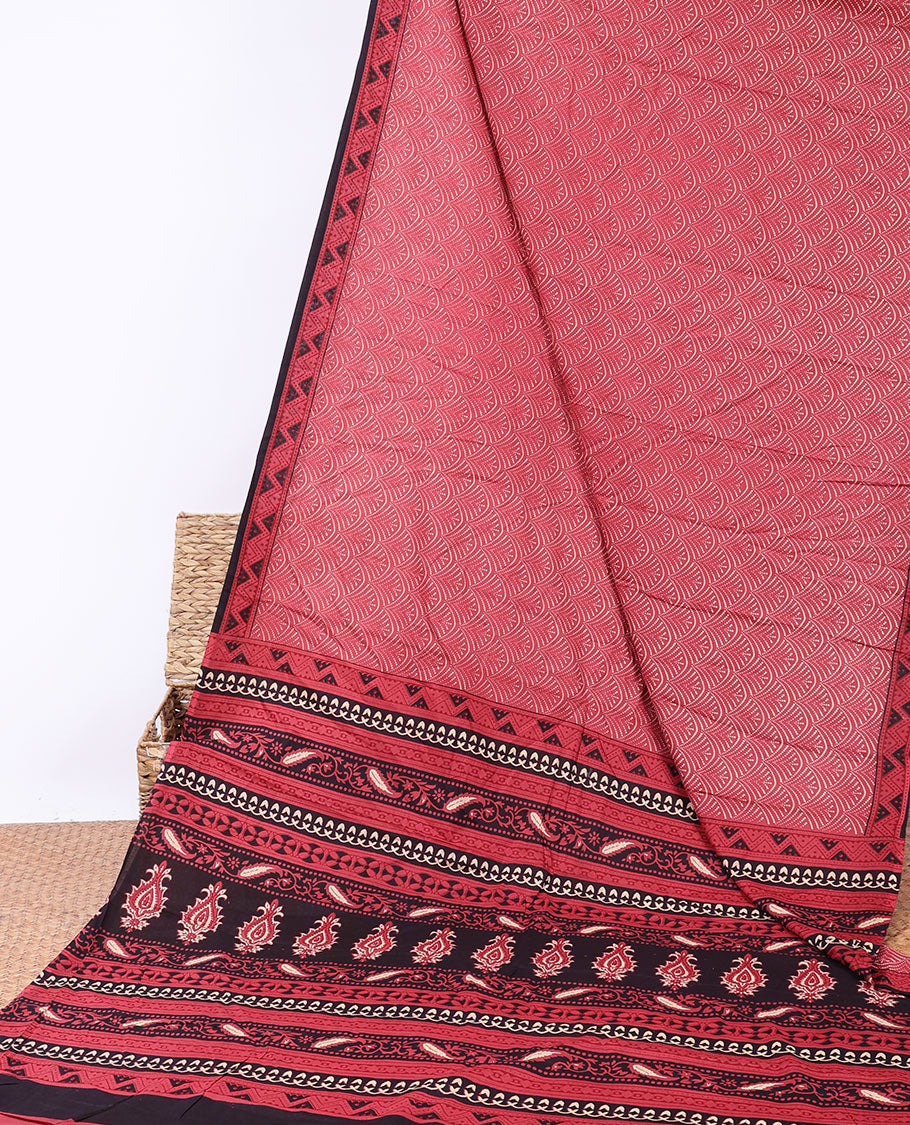 Red scallop printed mul-mul cotton saree, contrast chevron printed border & pallu of intricate print 