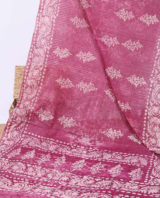 Purple-checked linen cotton saree with batik print, batik border & pallu of batik print
