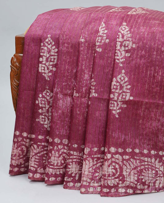 Purple-checked linen cotton saree with batik print, batik border & pallu of batik print