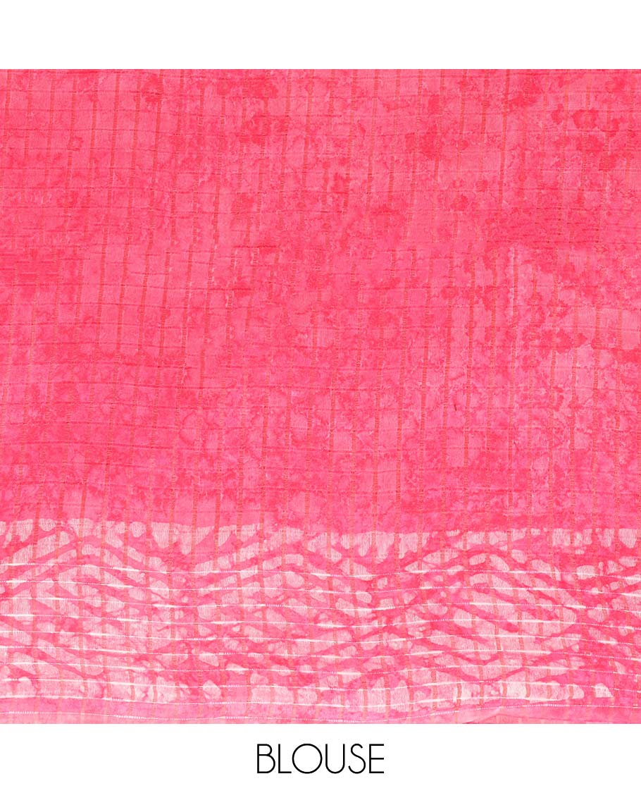 Pink-checked linen cotton saree with batik print, batik border & pallu of batik print