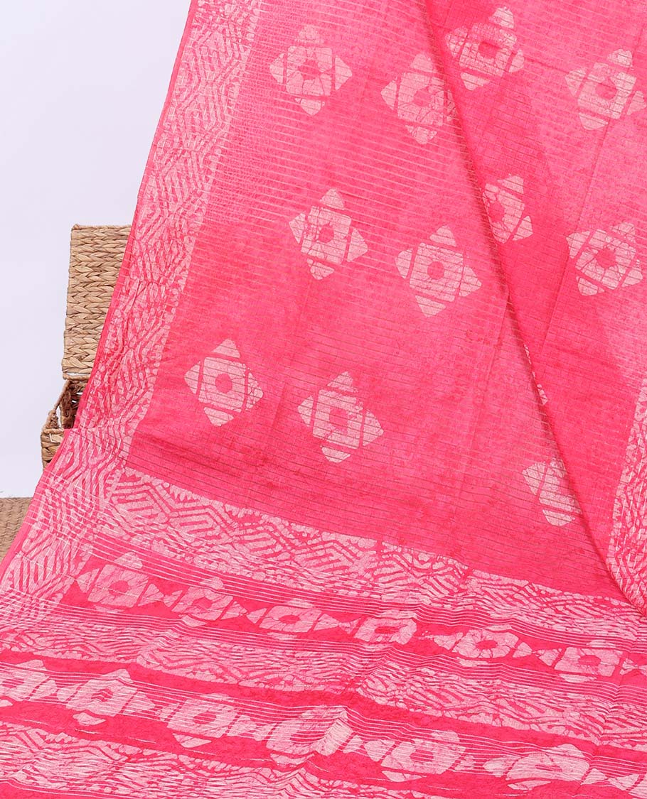 Pink-checked linen cotton saree with batik print, batik border & pallu of batik print